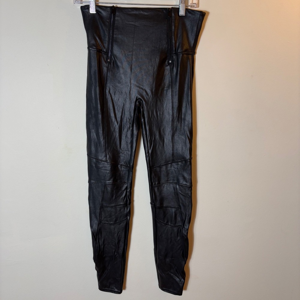 Spanx Faux Leather Moto Leggings High Waist Zippers Detail Black Large‎